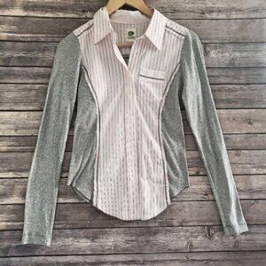 P TINY Anthro Red White Gray Pinstripe Collar Top